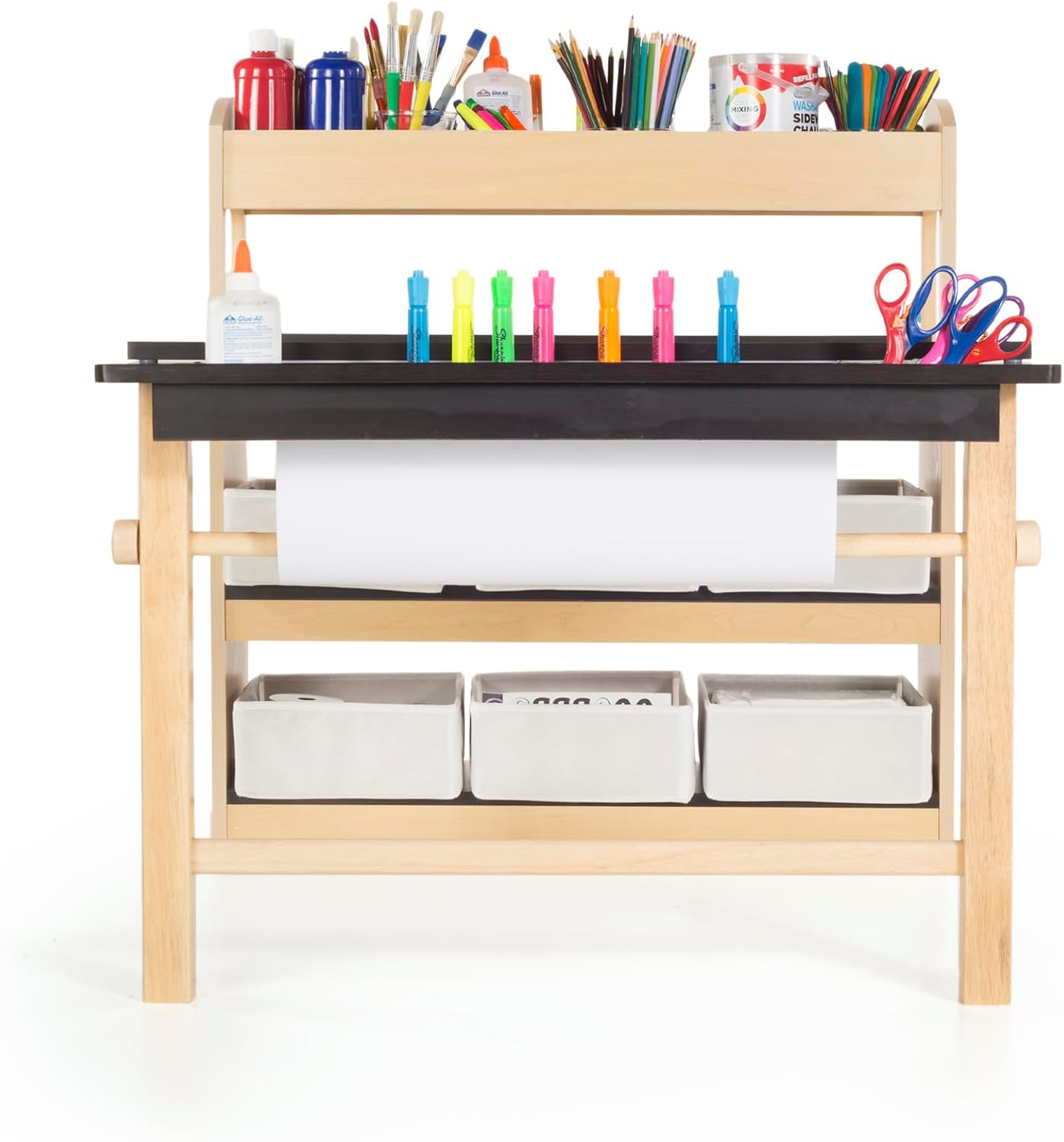 Guidecraft Deluxe Art Center: Kids' Montessori Art Table and Chairs Set with Storage Shelves, 6 Fabric Bins