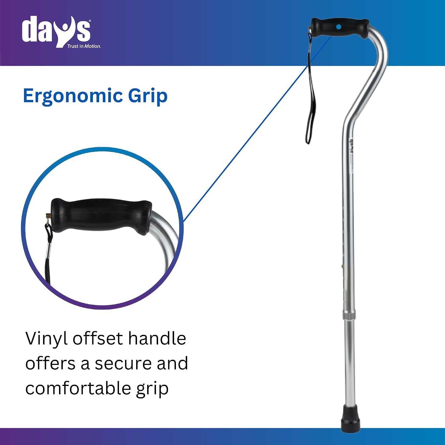 Days Standard Bariatric Offset Cane, Bariatric Cane with Rubber Tip, Heavy Duty Walking Cane for Weight Bearing, Limited Mobility Aid for Elderly, Tall & Heavy Adults, Silver with Black Handle