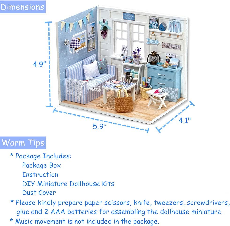 DIY Miniature Dollhouse Kit with Furniture Plus Dust Proof | 1:24 Scale Creative Room Mini Wooden Doll House Accessories for Kids Teens Adults Aged 14+(Beach Cottage)