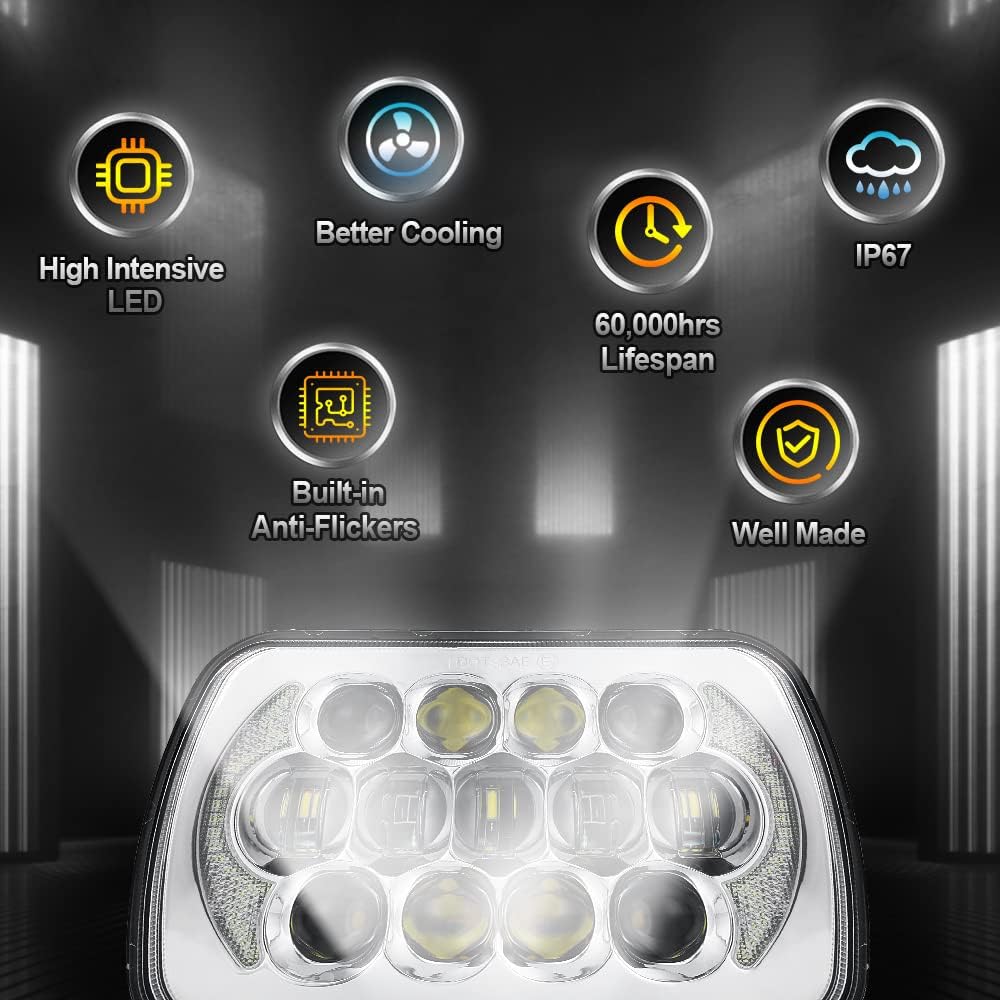 SPL DOT Approved 105W Brightest Black 5x7 7x6 Projector Led Headlights Anti-glare Hi/Low Sealed Beam H6054 H5054 with DRL Compatible with Jeep Wrangler YJ Cherokee XJ Ford Chevy GMC Toyota etc