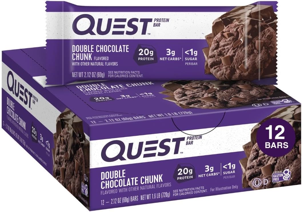 Quest Nutrition Oatmeal Chocolate Chip Protein Bars, 20g Protein, 12 Count | 12g Fiber, 5g Net Carbs, 1g Sugar, Gluten Free, High Quality Protein, Soft and Chewy, Individually Wrapped 2.12oz Bars