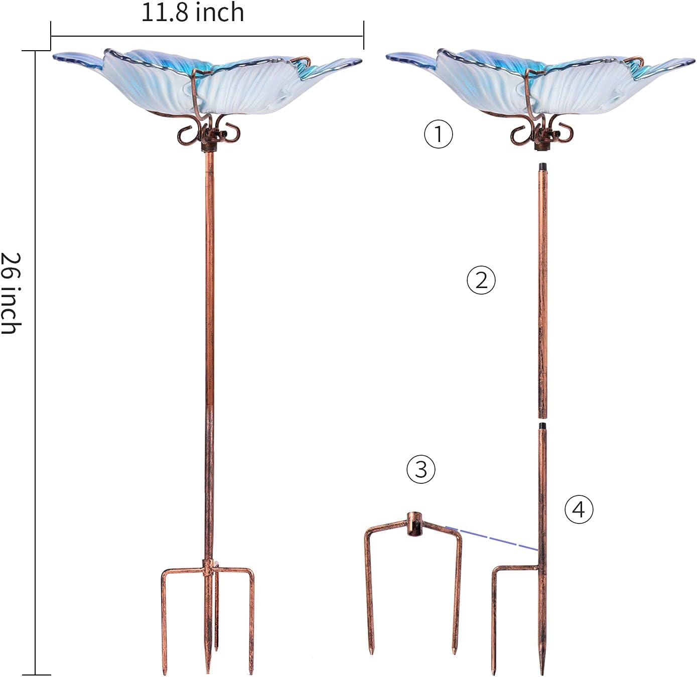 26" Glass Bird Bath, Outdoor Birdbath Bird Feeder Green Flower Metal Stake