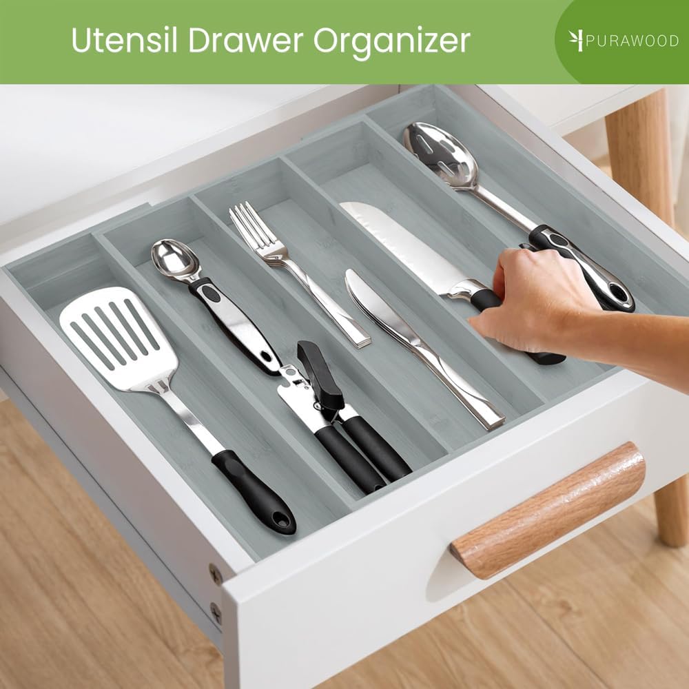 Purawood Kitchen Drawer Organizer - Expandable Utensil Drawer Organizer for Kitchen, Cutlery Tray & Silverware Organizer