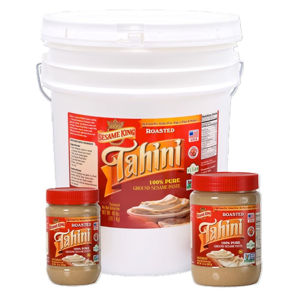 Sesame King Premium Sesame Tahini, 40lb. | Rich Creamy Taste For Hummus and other fine dishes | All-natural, Keto & Paleo friendly | Vegan, Non-gmo