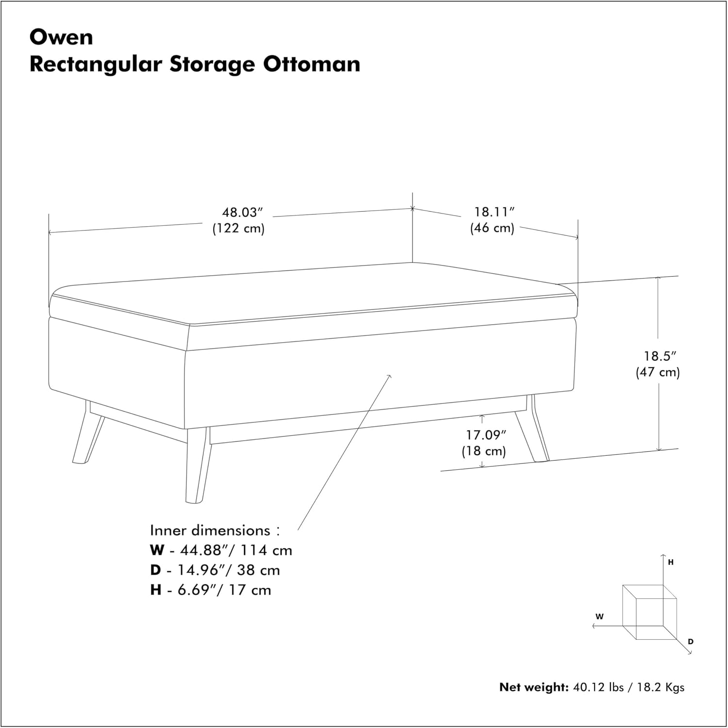 SIMPLIHOME Owen 34" Wide Vegan Leather Lift Top Ottoman in Dark Blue