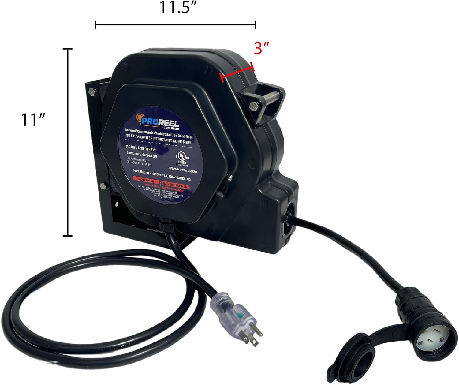NEMA 3R Weatherproof Indoor/Outdoor 20 Ft Extension Cord Reel Alert Stamping Pro Reel 5320T-SW