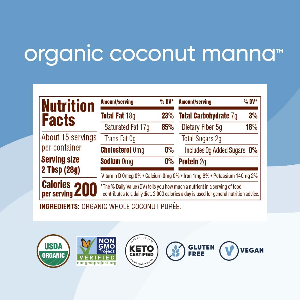 Nutiva Organic Coconut Manna Puréed Coconut Butter, 15 Oz, USDA Organic, Non-GMO, Vegan, Gluten-Free & Keto, Creamy Spread for Smoothies, Oatmeal