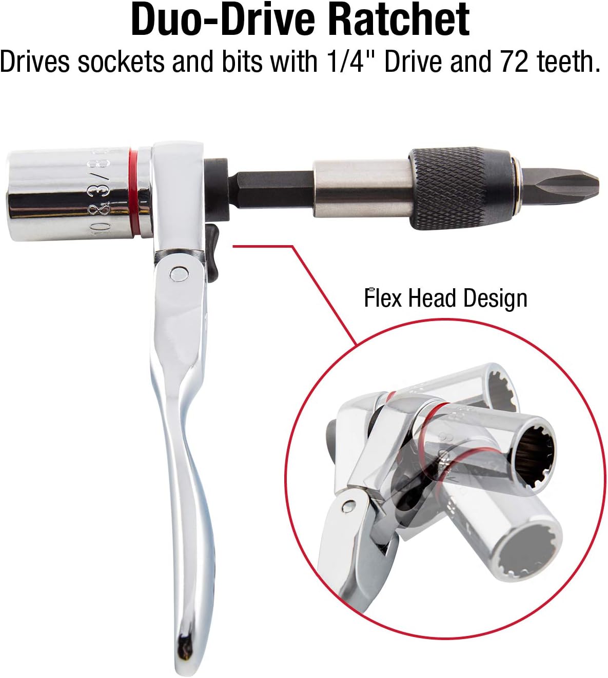 SUNEX TOOLS 9732 44Pc 1/4" Dr Mini Dual Flex Head RATCHET W Socket & Bit Set