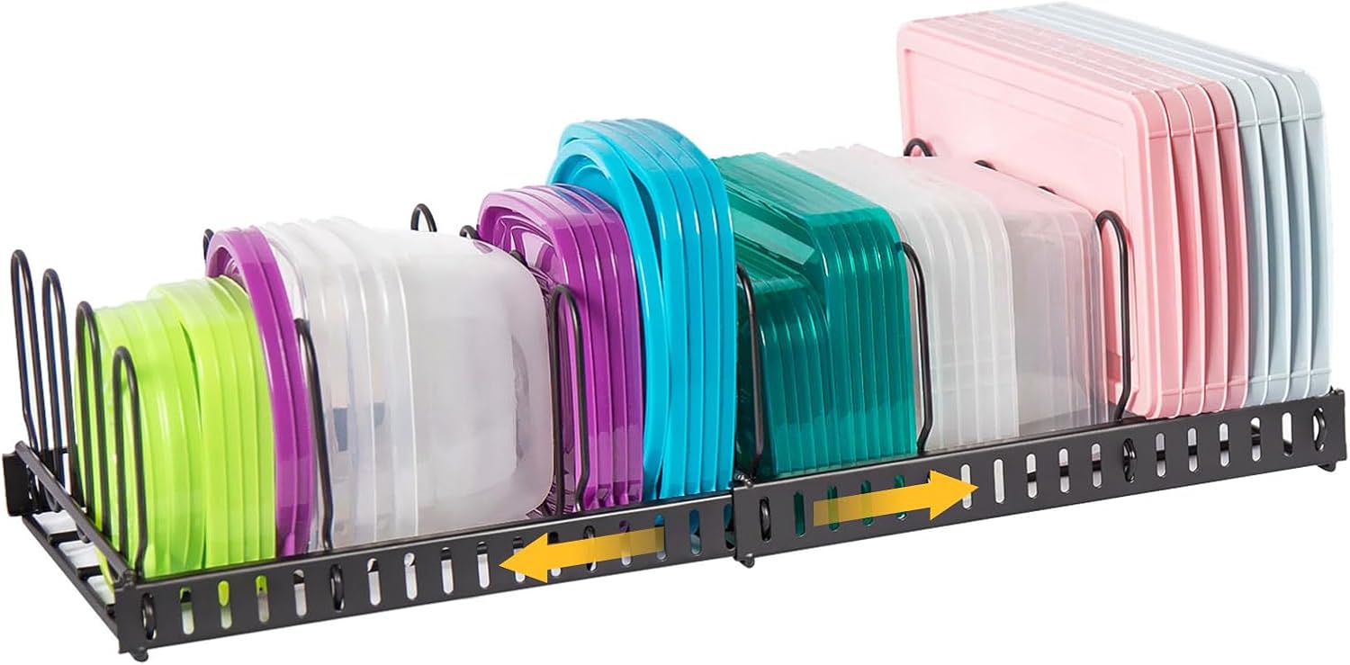X-cosrack Expandable Food Container Lid Organizer, Large Capacity Adjustable 10 Dividers Detachable Lid Organizer Rack for Cabinets, Cupboards