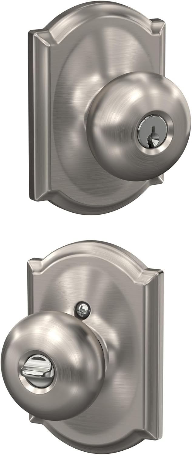Schlage Plymouth Bed/Bath Privacy Door Knob with Lock, Satin Nickel | Interior bedroom or bathroom door knob with push button lock, Easy to install, Certified durability, Universal fit