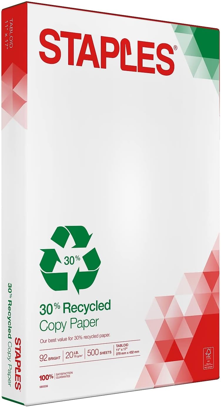 Staples 30% Recycled 8.5-Inch X 11-Inch Copy Paper 20 Lbs 92 Brightness 500/Ream, For Office, School & Home