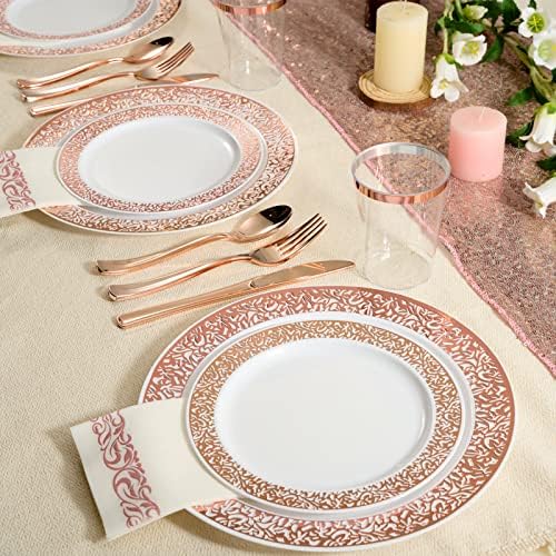 FOCUSLINE 175 Pieces Rose Gold Disposable Dinnerware Set for 25 Guests