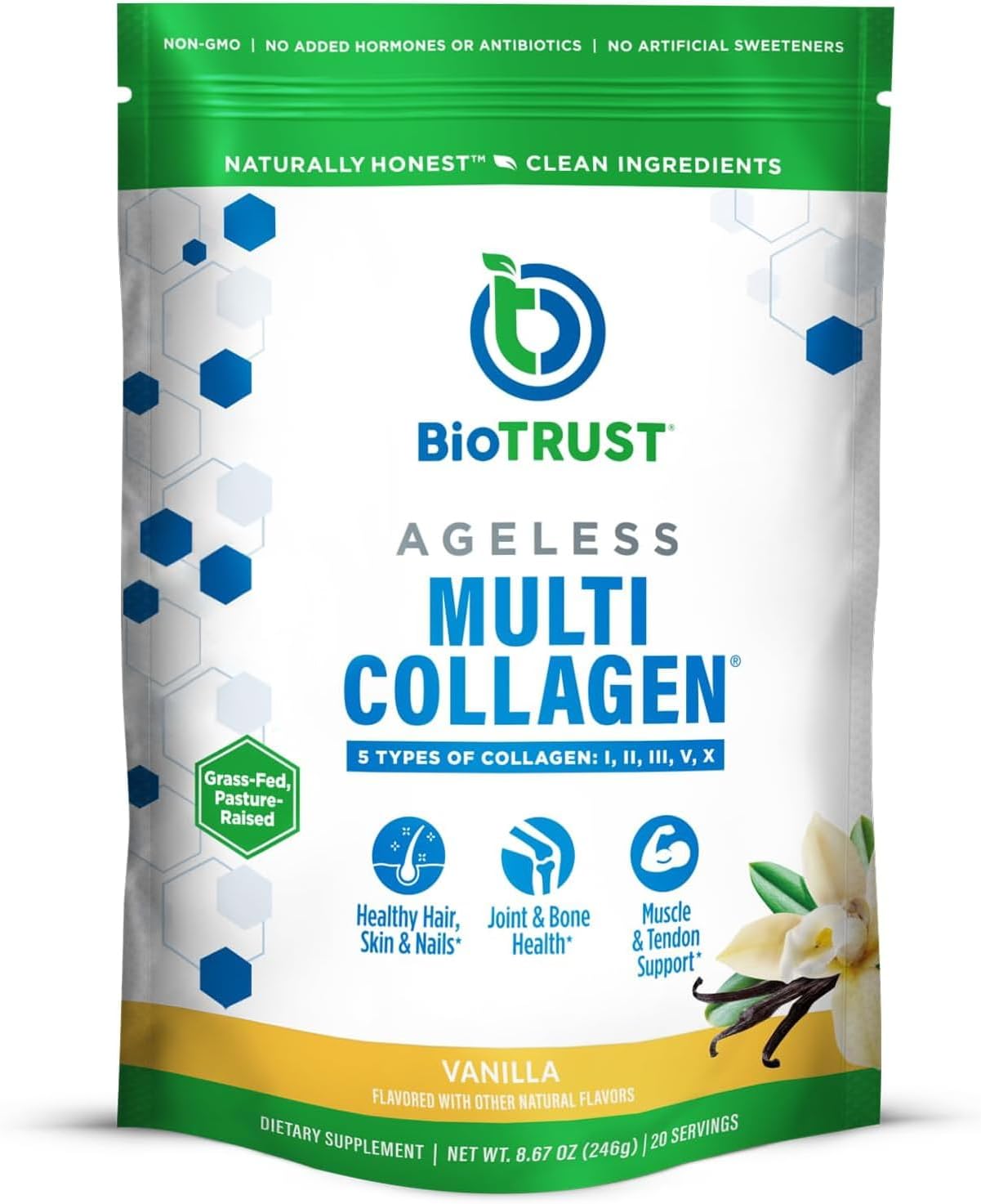 BioTrust Multi Collagen Peptides Unflavored Powder - Hydrolyzed, Grass Fed | 5 collagen types (I, II, III, V & X) from grass fed beef, fish, chicken & eggshell membrane with protein support