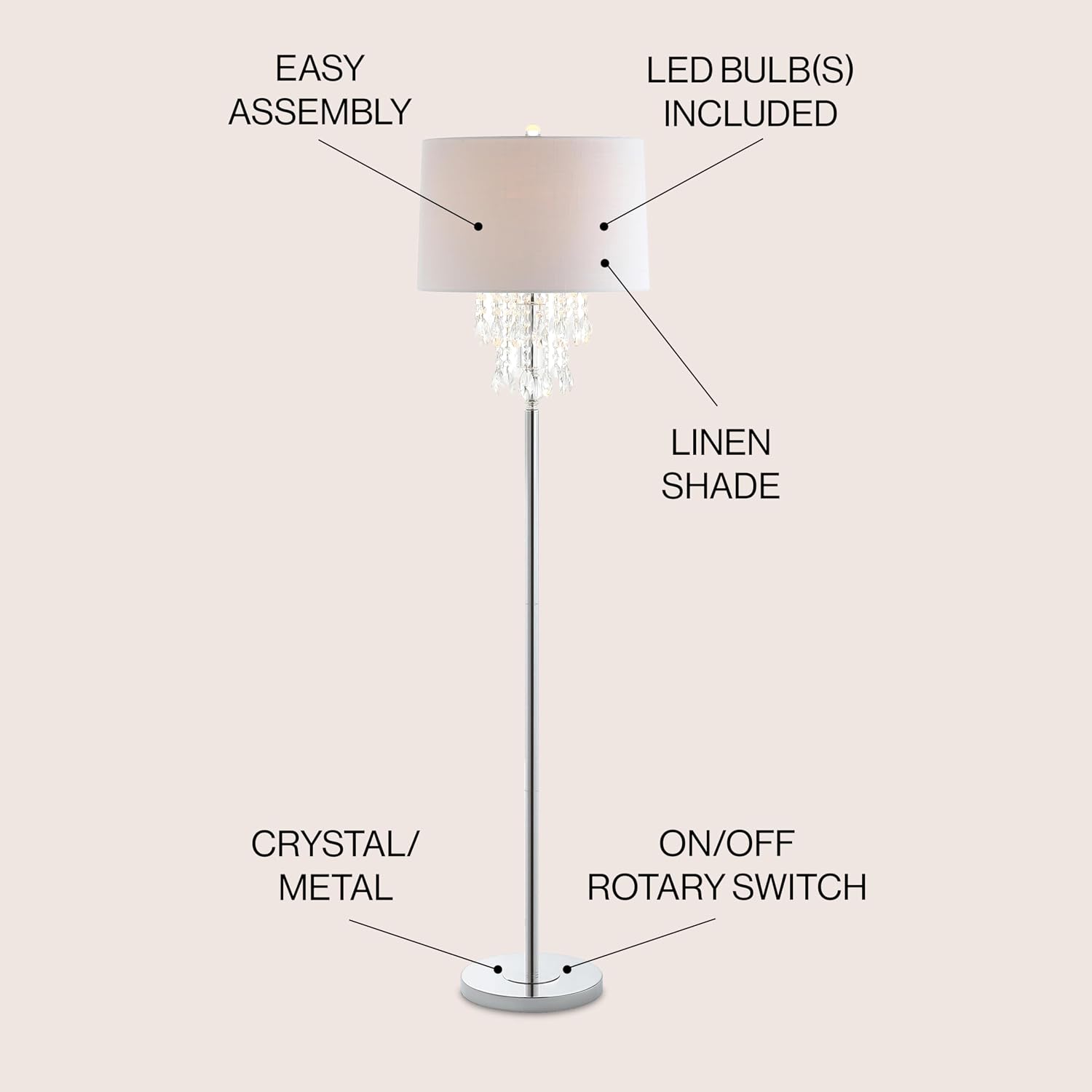 JONATHAN Y Abigail 61" Crystal Metal LED Floor Lamp, Clear/Chrome | Chandelier Style, Contemporary Glam Design, White Linen Drum Shade, Rotary Switch