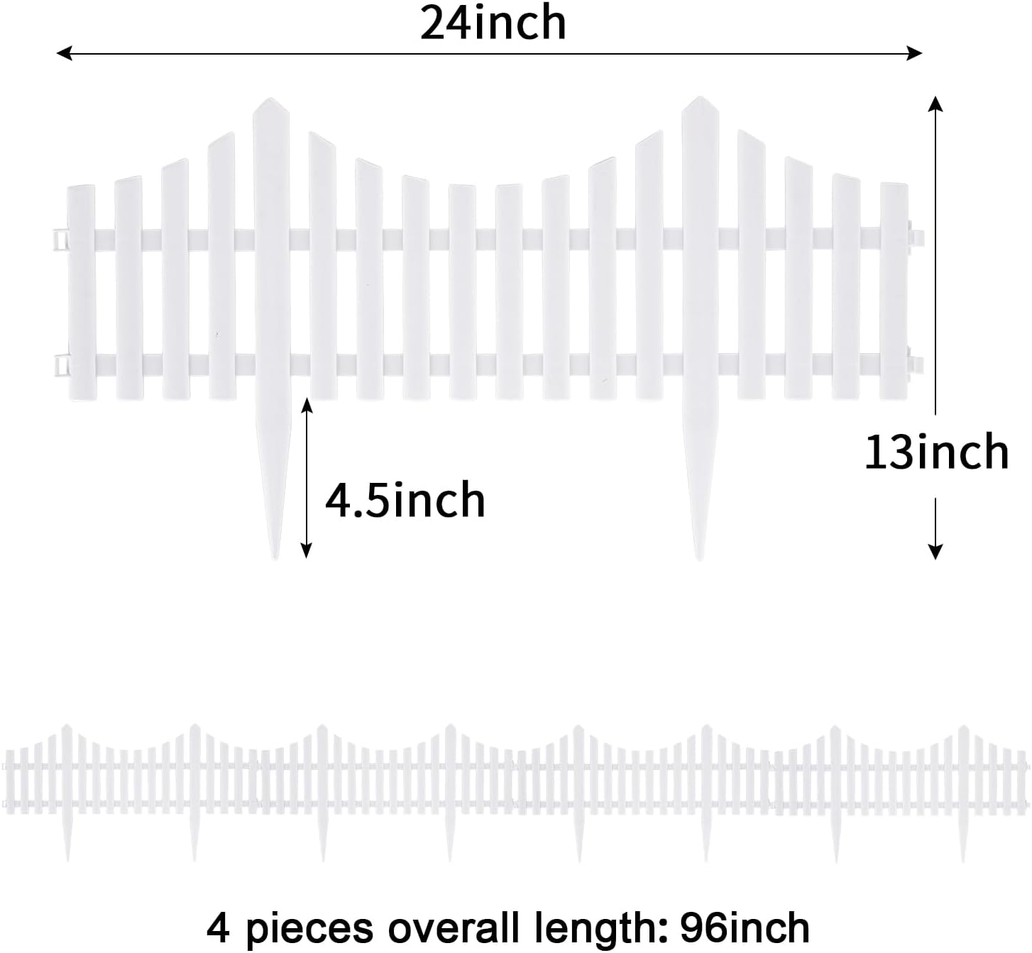 Sungmor Lightweight & Flexible Plastic White Edging Garden Picket Fence, Pack of 4 (One Piece L:24in, W:0.3in, H:13in) Above Ground Height 9.5in