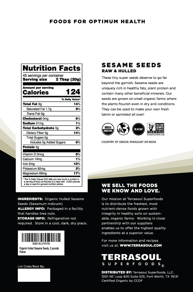Terrasoul Superfoods Organic Hulled Sesame Seeds, 2 Lbs - Perfect for Tahini | Gluten-free | Raw