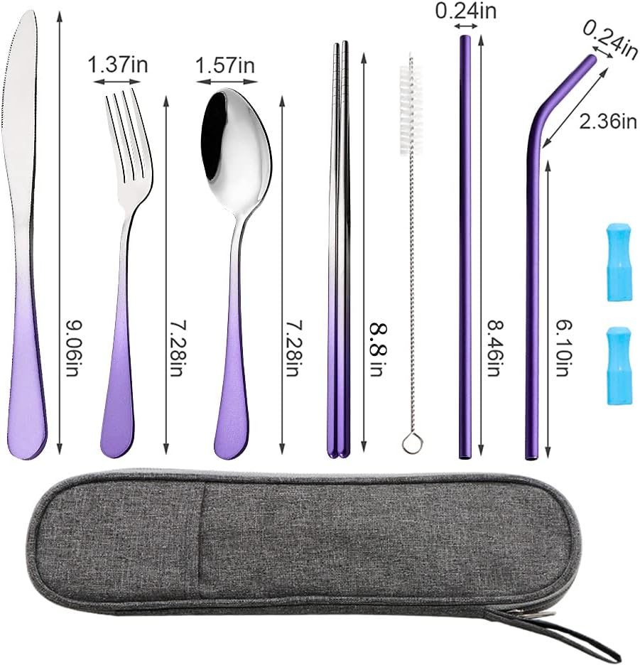 Travel Utensils Set with Case Reusable Portable Cutlery Set Stainless Steel 8pcs Including Dinner Knife Fork Spoon Chopsticks Straws(Rainbow)