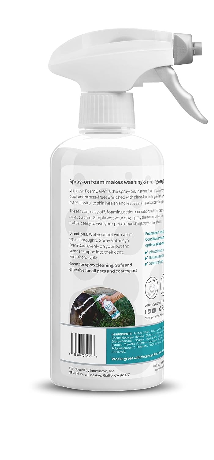 Vetericyn FoamCare Medicated Dog Shampoo - Instant Foaming, Spray-On Hypoallergenic Shampoo, Medicated Formula for Sensitive Skin, Safe for Dogs and Cats. 16 Ounce