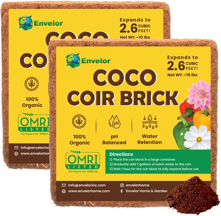 Envelor Organic Coco Coir Brick 10 Lbs. Coir Block Coconut Fiber Growing Medium Potting Soil Mix Coco Peat Media Coir Pith Indoor Outdoor Planters Vegetable Garden Beds