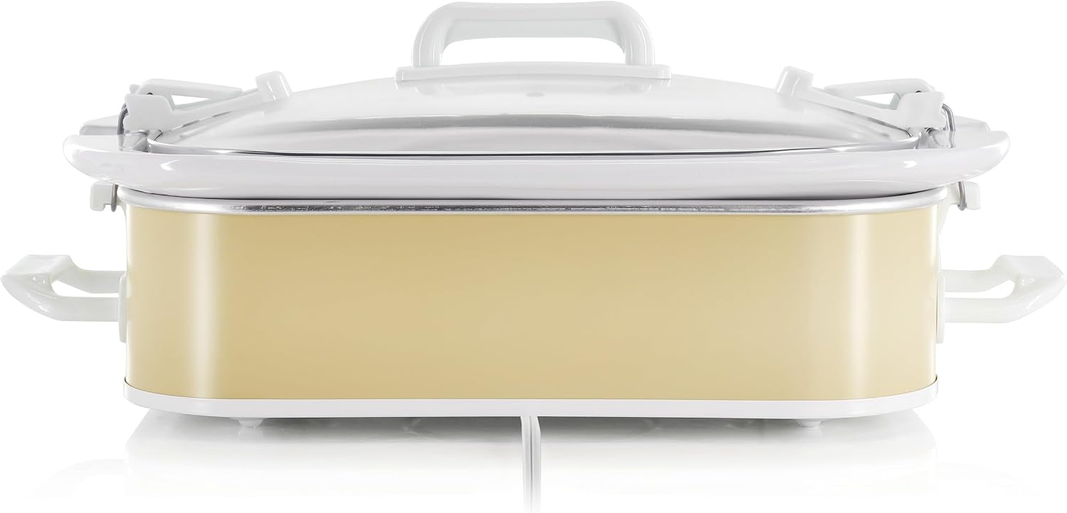 MegaChef 3.5 Quart Rectangle Casserole Slow Cooker with 3 Temperature Settings, Carry Handles and Locking Tempered Glass Lid (Cream)