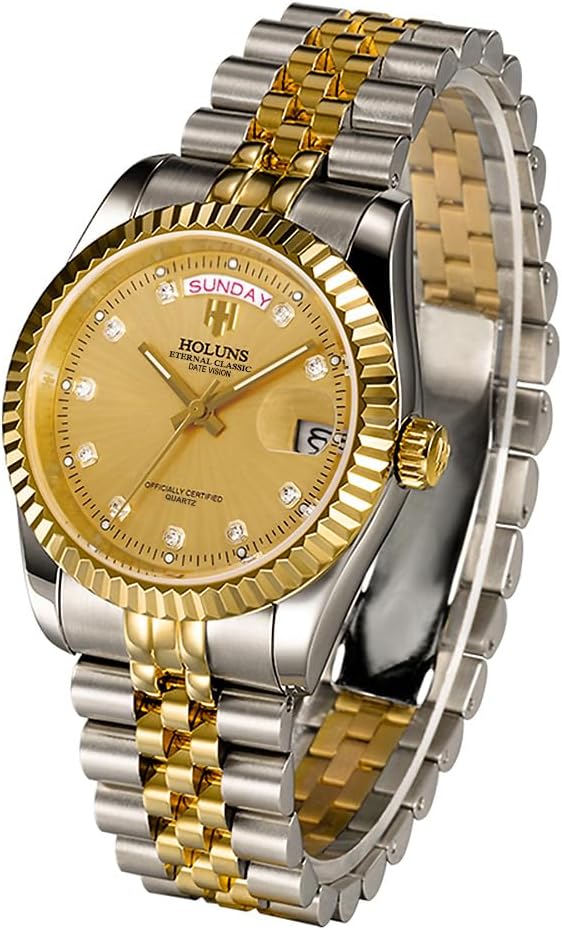 41MM Men's Gold Plated Stainless Steel Waterproof Quartz Watch Luxury Wristwatch with Date Week Display