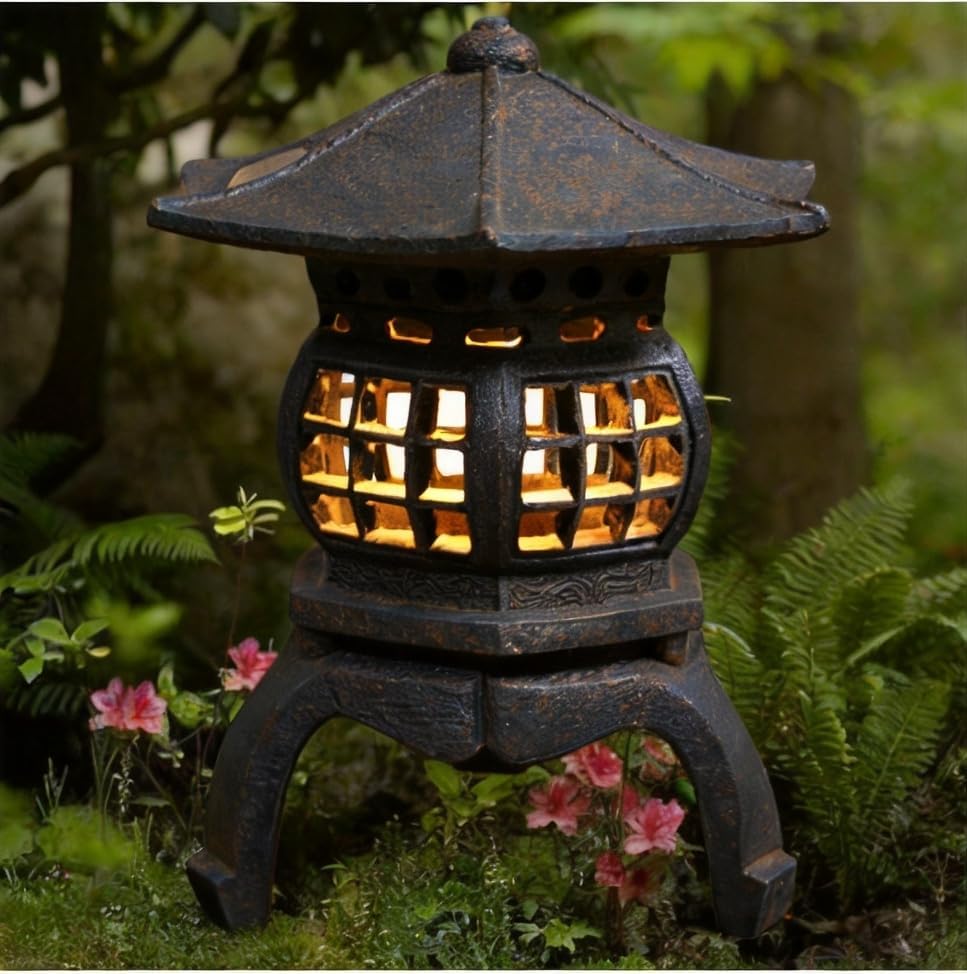 TIAAN Japanese Garden Lantern, “Yukimi-gata” Designed, Super Bright LED Illuminated Pagoda Light, Solar Power Garden Lantern， Stone-Look Finish
