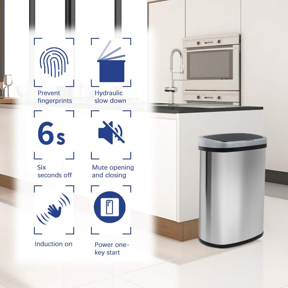 BestOffice | 13 Gallon Stainless Steel Trash Can with Lid | Steel | Automatic Touchless Garbage Can | Odor Control | Modern Oval Design | Easy to Clean | For Kitchen, Bathroom, Office or Home