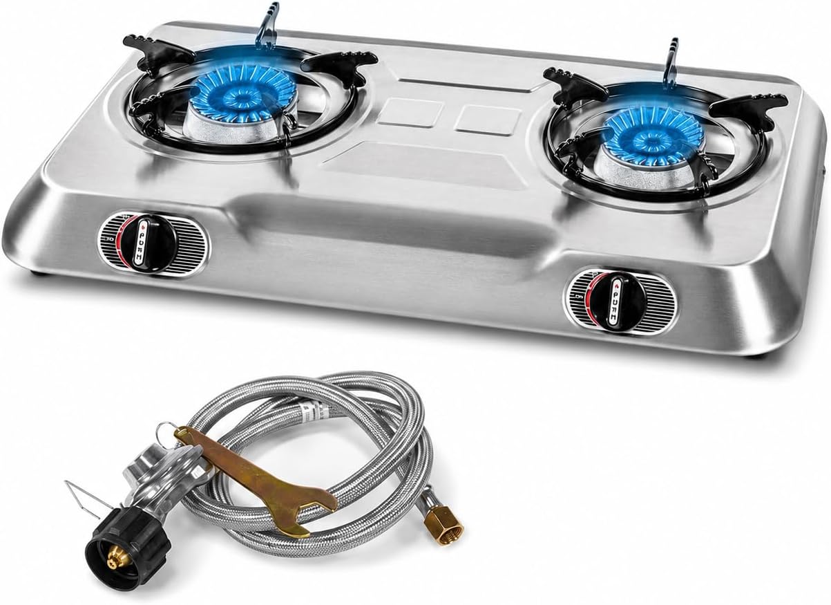 XtremepowerUS Double Burner Propane Stove, 25, 516 BTU Outdoor Camping Cooktop with Auto Ignition, Portable Stainless Steel LPG Gas Stove for Camping