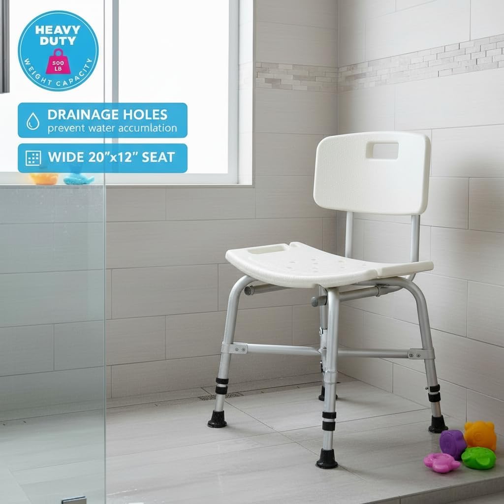 NOVA Heavy Duty Shower Chair, 500 lb Bariatric Bath Seat for Seniors, Fully Assembled, Adjustable Height 17"–23", Dual Handles, Handheld Shower Holder, Non-Slip Feet