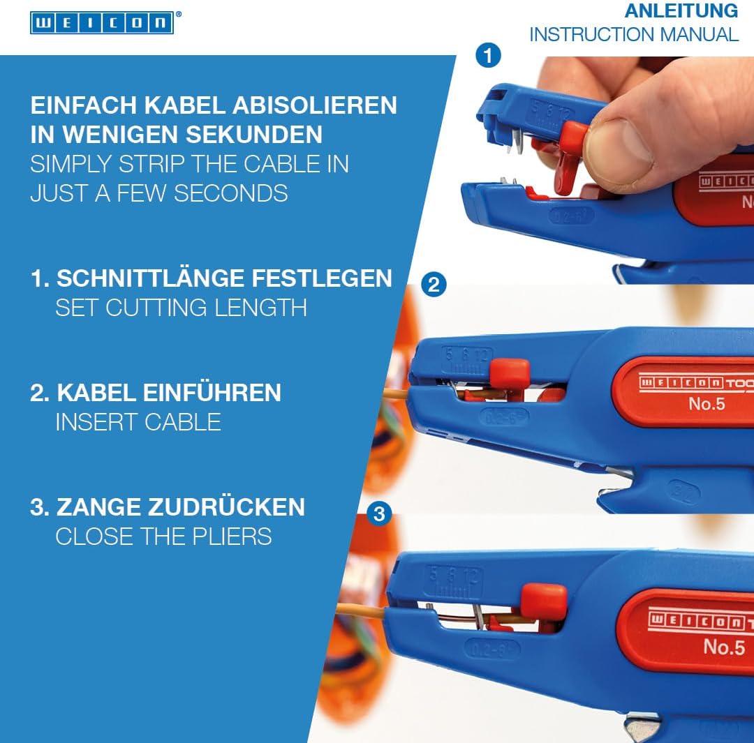 WEICON TOOLS Wire Stripper No. 5, automatic wire stripper 0.2-6 mm², wire stripper with side cutter up to 2 mm