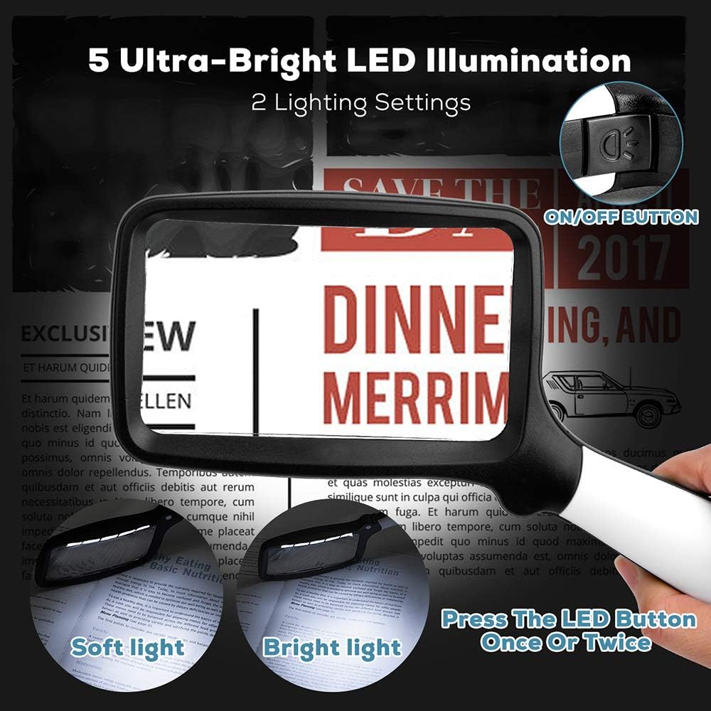 Folding Handheld Magnifying Glass with Light, 5X Large Rectangle Reading Magnifier with Dimmable LED for Seniors with Macular Degeneration, Newspaper