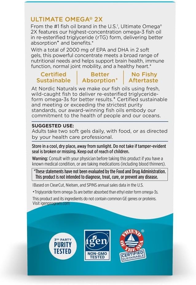 Nordic Naturals Ultimate Omega 2X, 2150mg Fish Oil, Lemon - 60 Count | High-potency 2X formula with EPA & DHA for brain & heart health. Non-GMO soft gels. 30 servings.