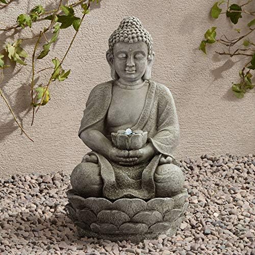 Meditating Buddha 24" High Outdoor Indoor Large Bubbler Fountain with Light | Zen Asian Decor Resin Floor LED Standing Water Feature for Outside Garden Patio Yard Backyard Porch Deck