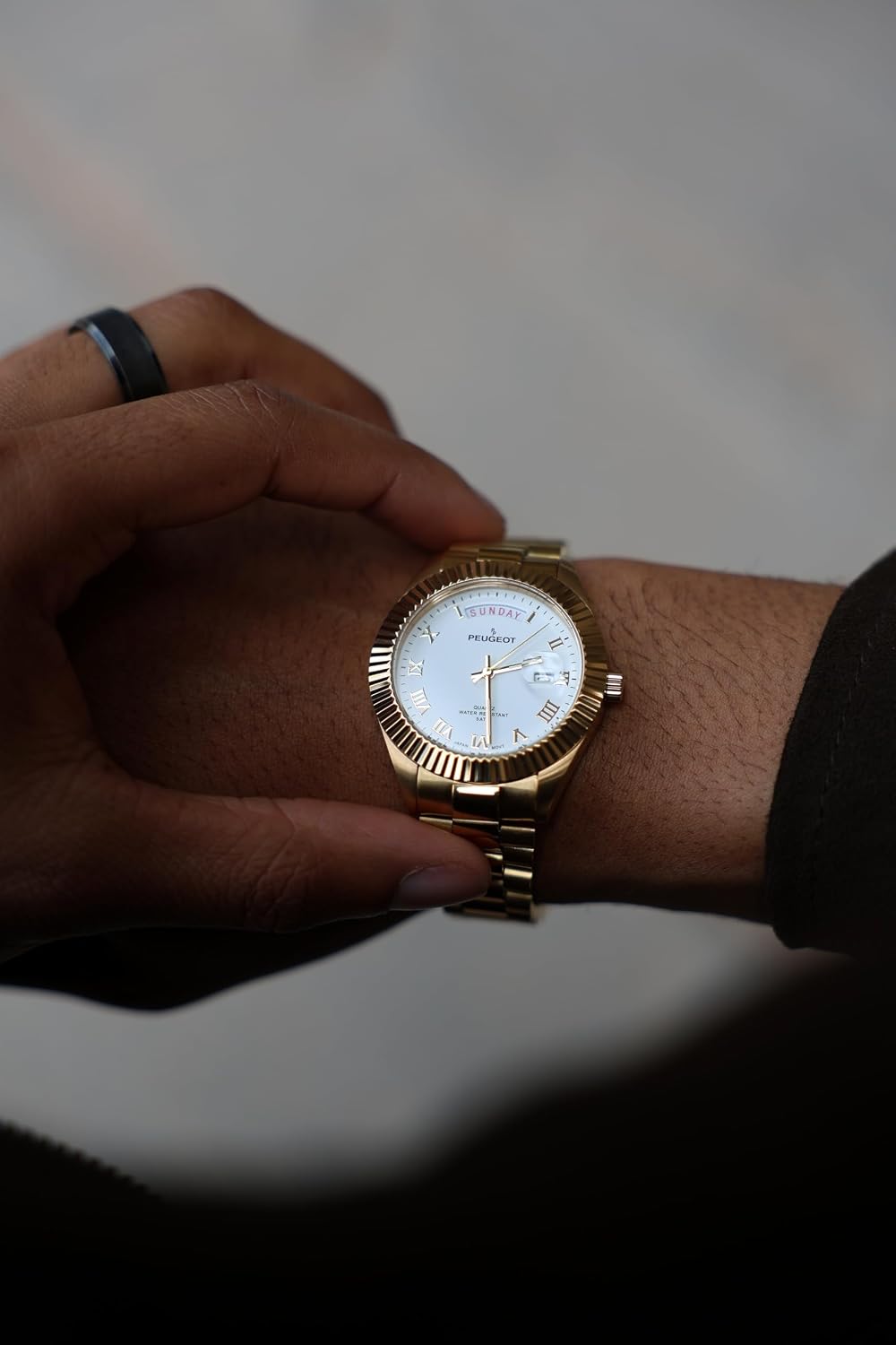 Peugeot Men's Stainless Steel Big Face Luxury Watch with Day Date Windows, Roman Numerals & Coin Edge Fluted Bezel Watch