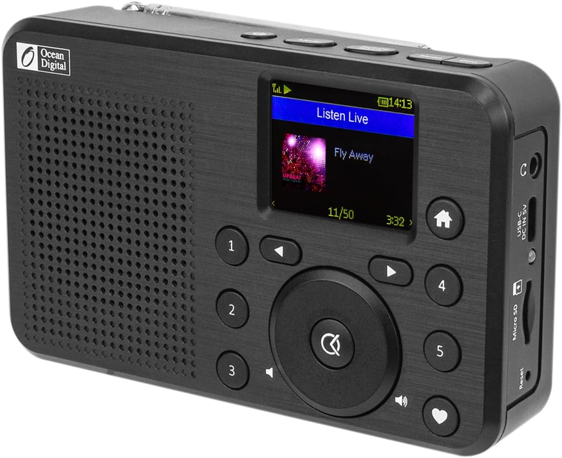 Ocean Digital WR-18 Handheld Portable Internet Radio, FM, Bluetooth Speaker, Micro SD, Rechargeable, 5 Preset Buttons, Dimmer, Auto-Off Timer