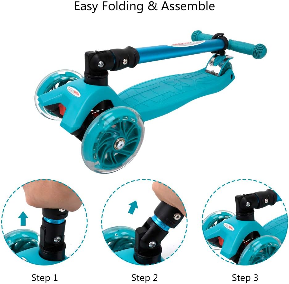 ChromeWheels Foldable Scooters for Kids, Deluxe Kick Scooter 4 Adjustable Height 132lbs Weight Limit 3 Wheel, Lean to Steer LED Light Up Wheels