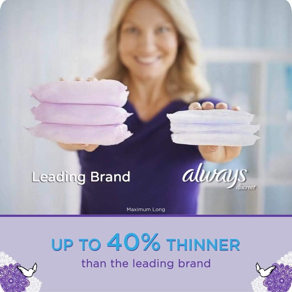 Always Discreet Adult Incontinence Pads for Women, Drier, 4 Drop Long Length, Moderate Absorbency, Pads for Bladder Control Management, Bladder Leaks, & Postpartum Pads, 54ct