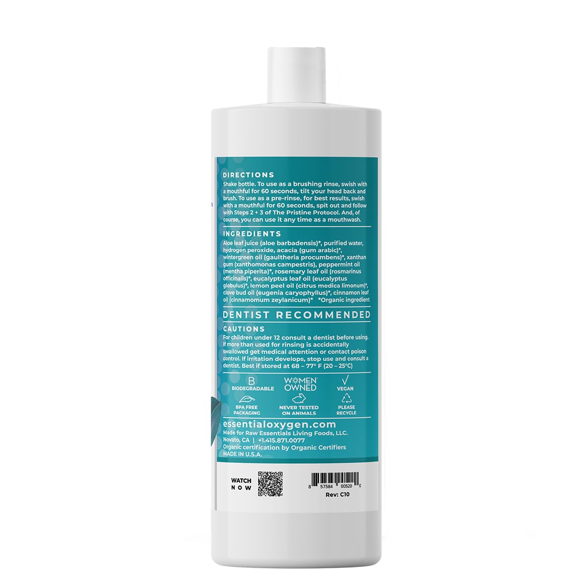 Essential Oxygen Certified BR Organic Brushing Rinse, All Natural Mouthwash for Whiter Teeth, Fresher Breath, and Happier Gums, Alcohol-Free Oral Care, Peppermint, 16 Ounce, Package may vary