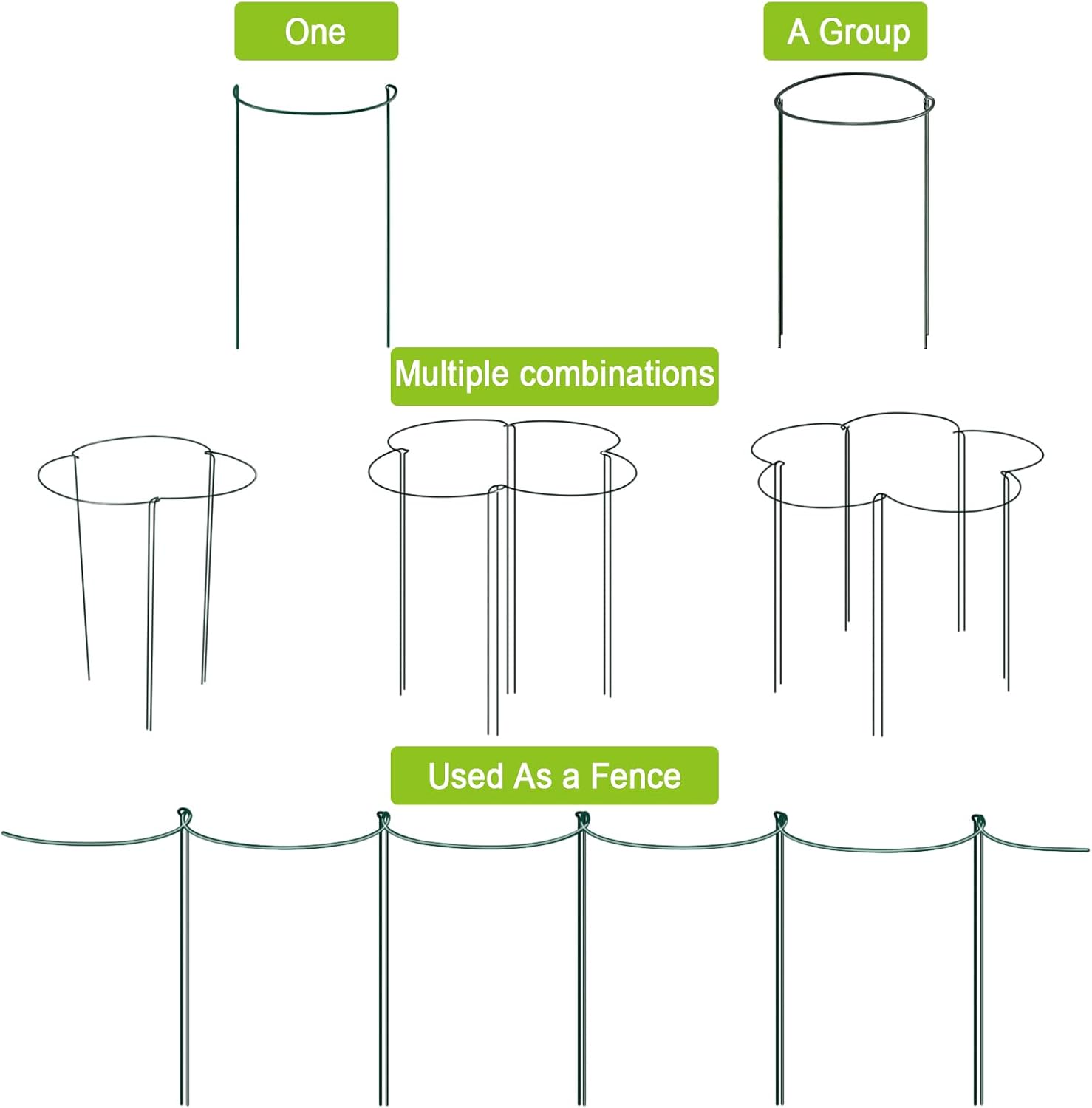HiGift 8 Pack Plant Support Stakes, Half Round Metal Garden Plant Stake Indoor Peony Cages and Supports, Green Plant Support Ring Border for Tomato