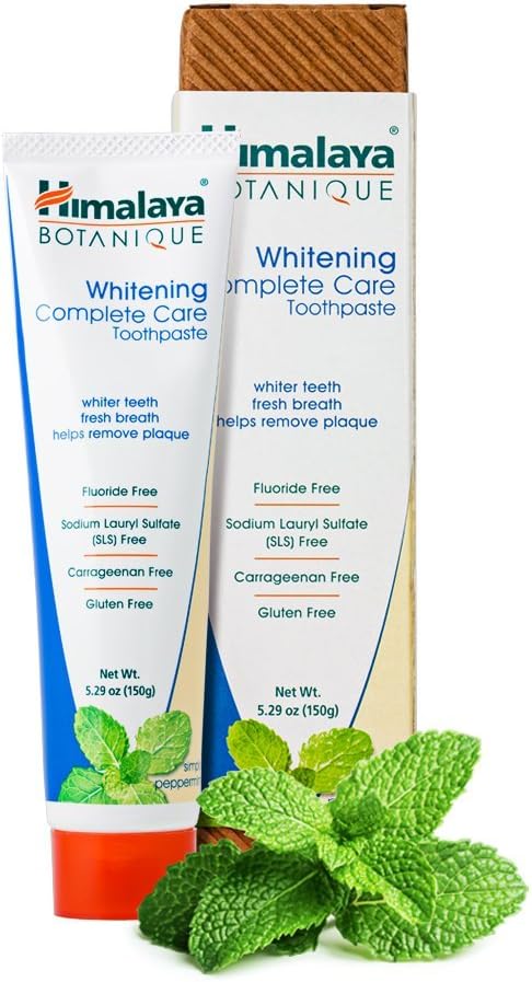 Himalaya Botanique Whitening Complete Care Toothpaste, Teeth Whitening, Fights Plaque, Fluoride Free, No Artificial Flavors, SLS Free, Cruelty Free, Foaming, Simply Mint Flavor, 5.29 Oz, 4 Pack