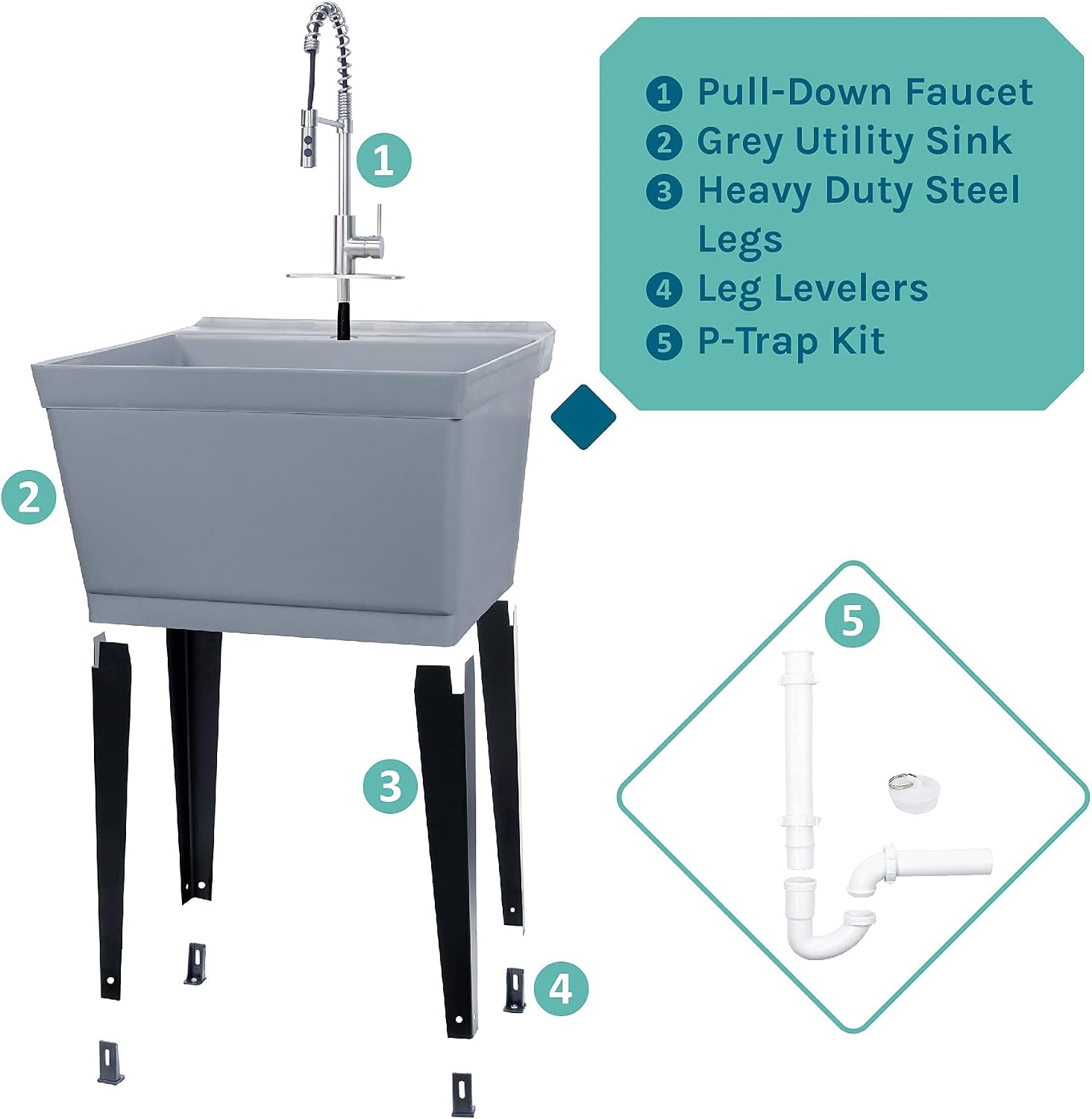 Utility Sink Extra-Deep Laundry Tub in White with High-Arc Stainless Steel Coil Pull-Down Sprayer Faucet, Integrated Supply Lines, P-Trap Kit