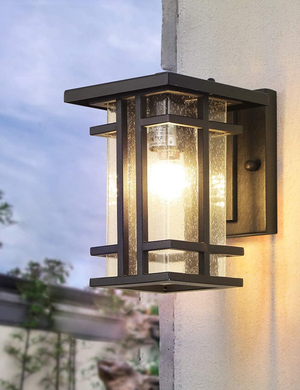 Rustic Dusk to Dawn Outdoor Wall Light Fixture 13.8"H Waterproof Exterior Wall Sconces Black Metal with Seeded Glass Sensor Outdoor Wall Lantern for