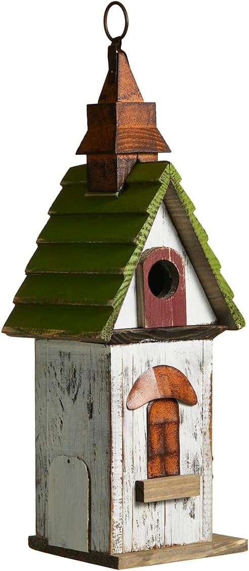 Glitzhome Bird Houses for Outside,10" H Rustic Wooden Bird House Garden Distressed Decorative Birdhouse for Outdoors, Hanging Birdhouse for Bluebird Hummingbird Wren Finch Cardinals Cedar