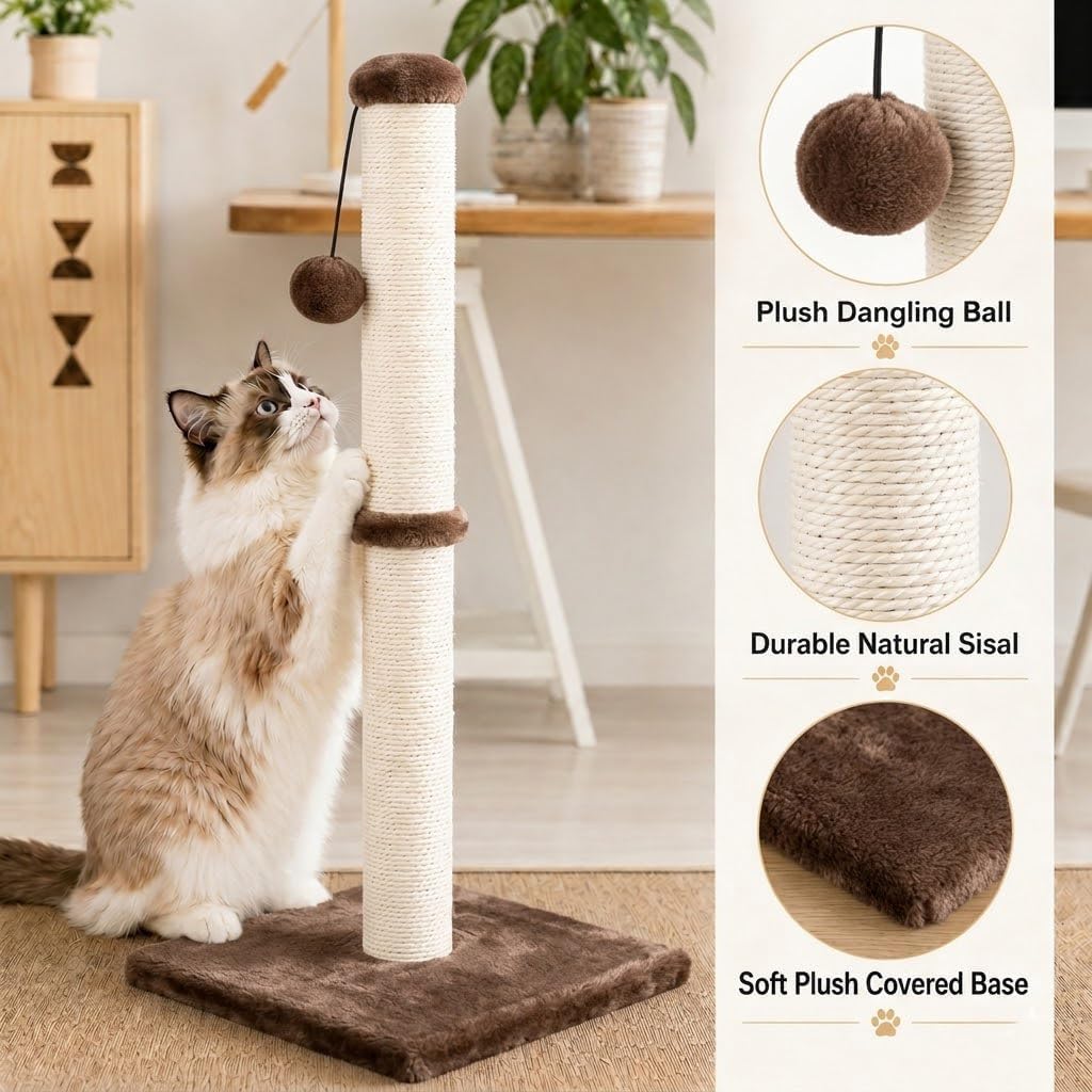 Dimaka 29" Height Tall Cat Scratching Post, Claw Scratcher with Sisal Rope and Covered with Soft Smooth Plush, Vertical Scratch [Full Strectch] for Standard Size Cats(Grey, 29 inches for All Cats)