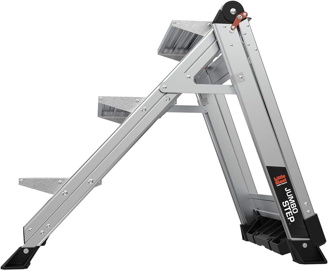 Little Giant Jumbo Step 3-Step Foldable 2.2 ft Aluminum Stool, 11903 | Foldable Aluminum Step Stool, Extra-Wide Stair-Like Treads, Rotating Handrail, Tool Tray, 375 lbs. Weight Capacity