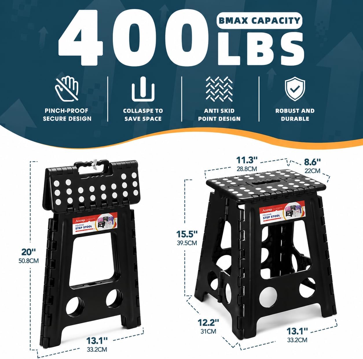 11 Inch Folding Step Stool for Kids, Non-Slip Foldable Stools, Black | Heavy Duty Collapsible Foot Stool, Lightweight with Built-in Handle, Holds 300 lb for Adults Kitchen Bathroom Bedroom Outdoor
