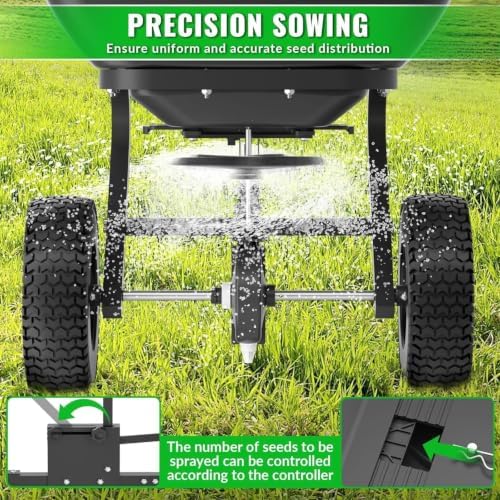VELPAX 200LB Tow Behind Broadcast Spreader, Fertilizer Spreader Holds up to 550 lbs with 13" Pneumatic Tires and Adjustable Flow Control Lever