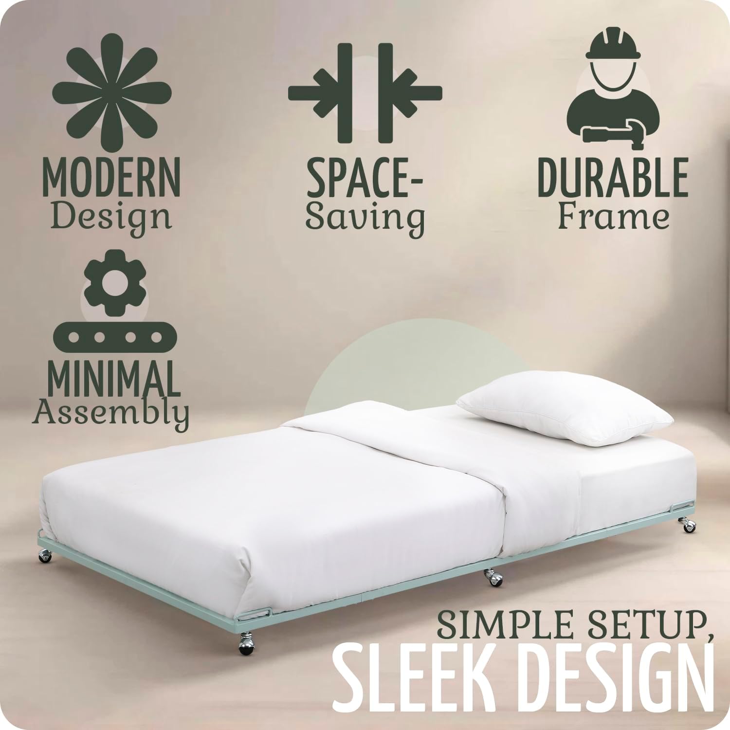 2K Furniture Designs - Twin Size Black Metal Roll Out Trundle Bed Frame for Daybed | Space-Saving Guest Bed - Slides Under Daybeds for Overnight Visitors, Dorms, and Small Spaces