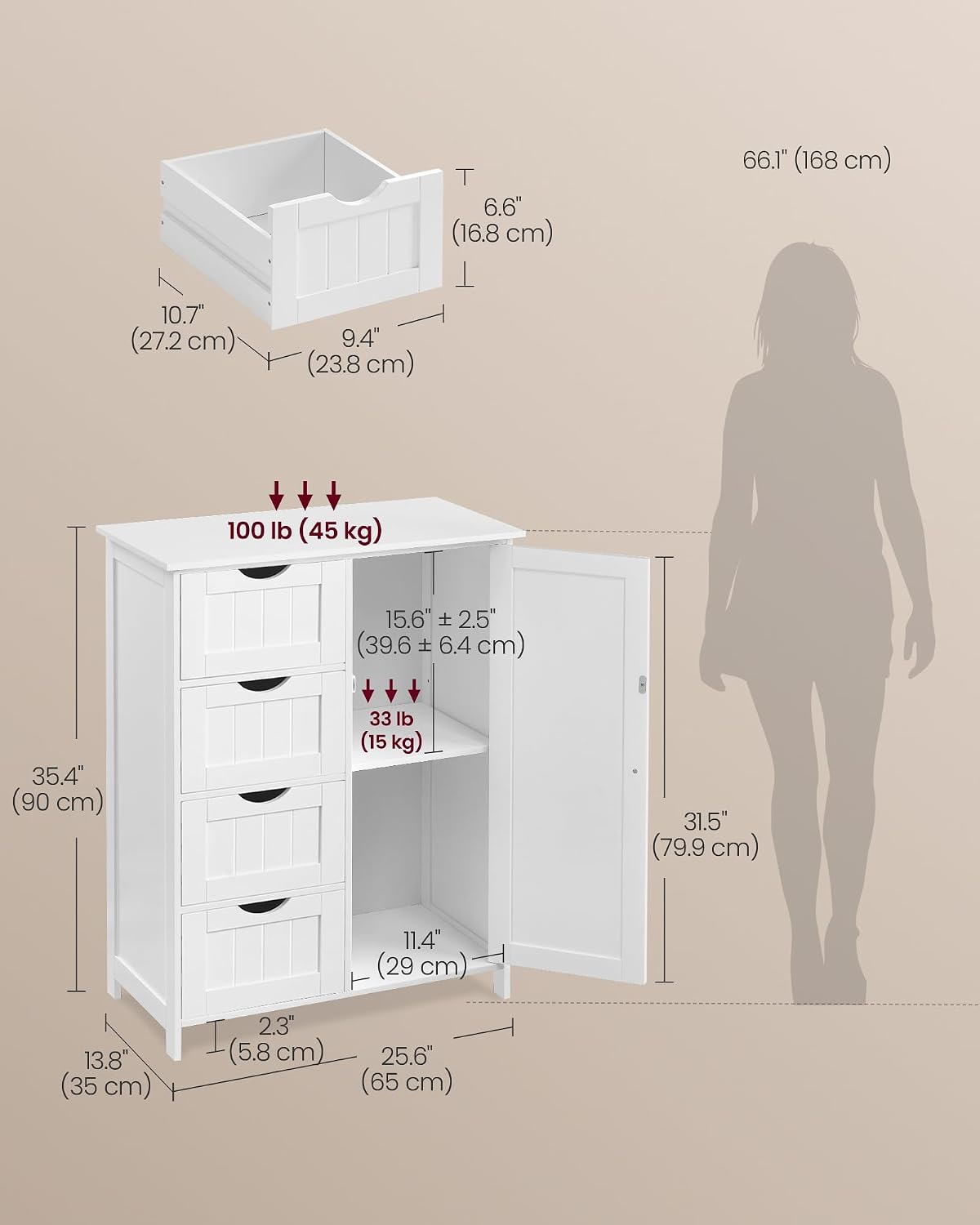 VASAGLE Floor Storage Cabinet, Freestanding Storage Unit with 2 Adjustable Shelves, for Bathroom Living Room Dining Kitchen, 11.8 x 23.6 x 31.5 Inches, Cloud White UBCB60WV1