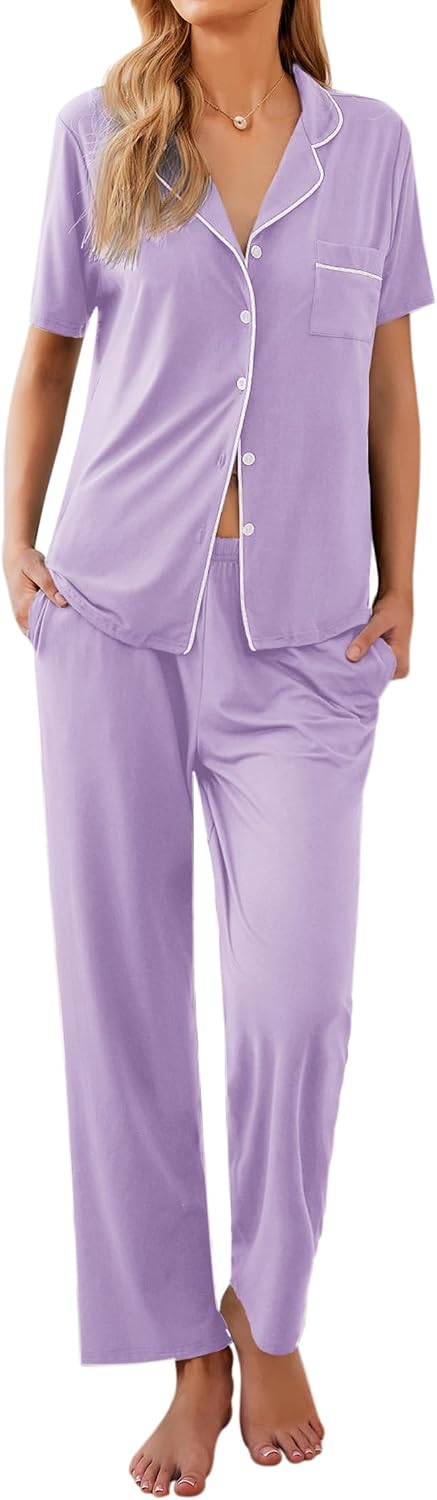 Ekouaer Womens Pajamas Set Short Sleeve Button Down Top & Pants Lounge Pjs